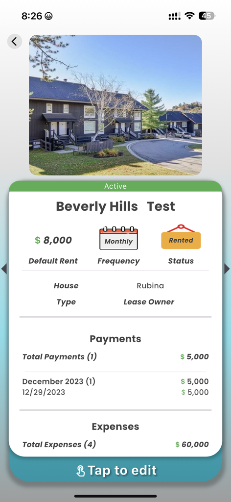 Visão do painel de uma propriedade de aluguel mostrando o status do aluguel, pagamentos e despesas.