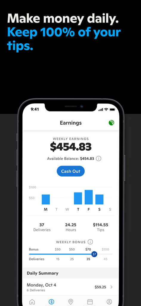 Gopuff Driver - Verdienstübersicht in der Gopuff Driver App, die wöchentliche Einnahmen, Trinkgelder und eine Auszahlungsschaltfläche zeigt