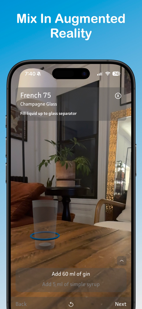 DrinkSmith: Home Bartending - DrinkSmith app showing augmented reality mixing instructions for a French 75 cocktail on a smartphone screen