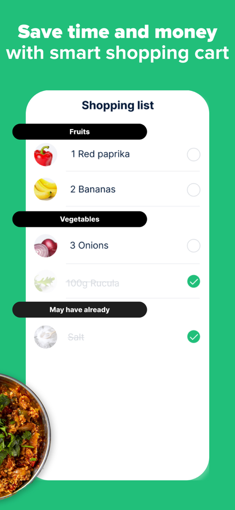 Mobile app interface displaying an organized grocery shopping list with categories for fruits and vegetables.