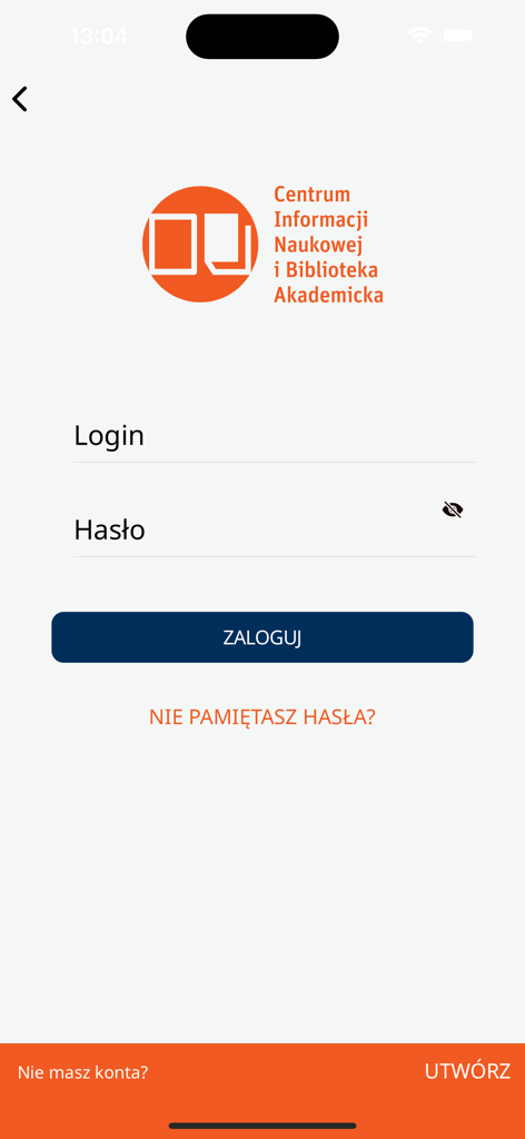 CINiBA Katowice - Pagina di accesso per l'app della biblioteca accademica CINiBA Katowice