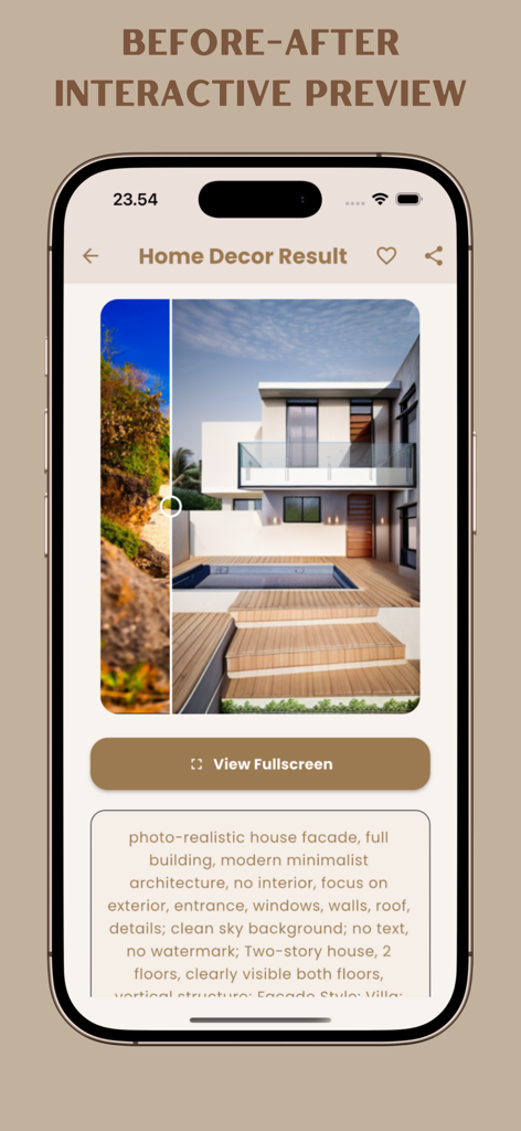 AI Home Design Landscape - Before and after interactive preview of a modern home facade renovation using AI