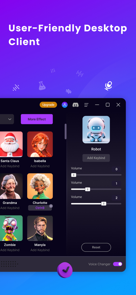 VoiceTrans - AI Voice Changer - 다양한 음성 프로필과 오디오 컨트롤을 보여주는 사용자 친화적인 VoiceTrans AI 음성 변조기 데스크톱 클라이언트 인터페이스