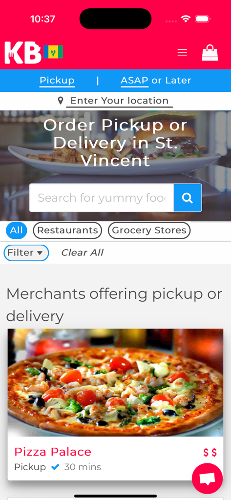 KariBites - KariBites mobile app home screen for ordering food delivery and pickup in St. Vincent