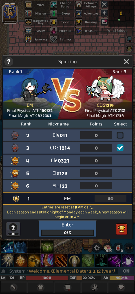 Elemental 2D MMORPG sparring menu displaying player rankings and pixel art combatants