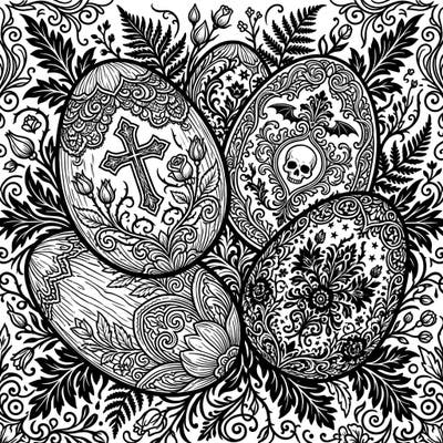 Dive into a uniquely dark yet beautiful coloring experience with our Gothic Wooden Easter Eggs template. This intricate page combines traditional Easter symbols with melancholic elegance, perfect for adult colorists seeking a creative challenge.