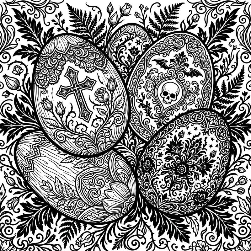 Dive into a uniquely dark yet beautiful coloring experience with our Gothic Wooden Easter Eggs template. This intricate page combines traditional Easter symbols with melancholic elegance, perfect for adult colorists seeking a creative challenge.