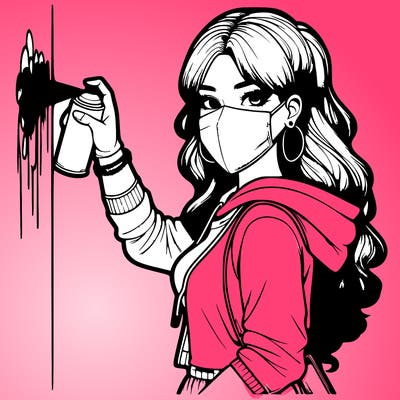 realistic girl with mask spray painting a wall