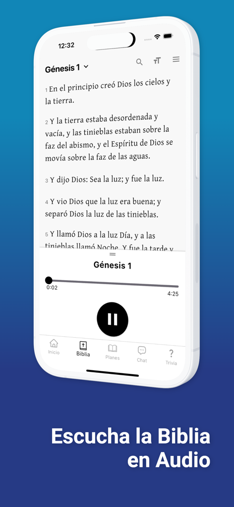 La Biblia Reina Valera 1960 IA - Interface de l'application mobile de la Bible Reina Valera 1960 montrant Genèse 1 avec un lecteur audio intégré en espagnol