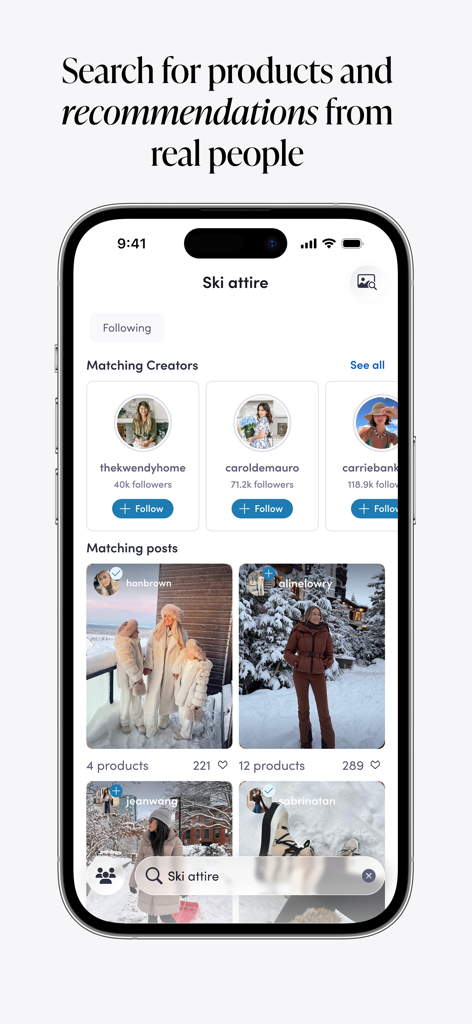 LTK app search results for ski attire showing recommended creators and influencer fashion posts.