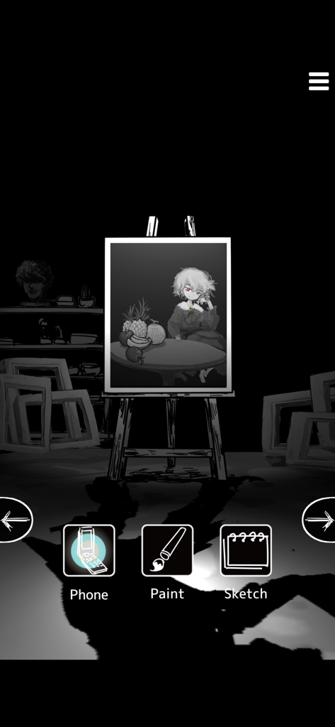Death Palette - Matsuro - Gameplay screenshot of Death Palette - Matsuro showing a cursed girl painting on an easel in a dark studio with menu icons for phone paint and sketch