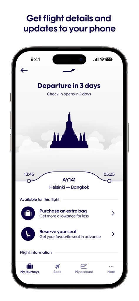 Interfaz de la app Finnair que muestra información de próximos vuelos y opciones para comprar equipaje extra o reservar asientos