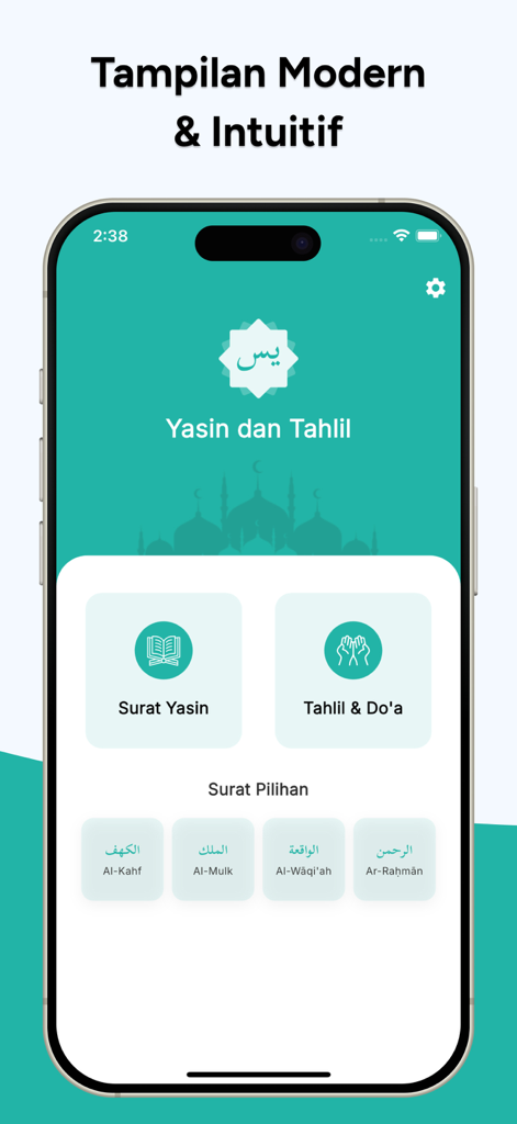 Yasin Tahlil Lengkap - The home screen of the Yasin Tahlil Lengkap app featuring a clean green and white interface with buttons for Surat Yasin and Tahlil prayers