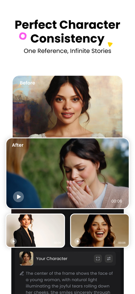 Captura de tela do aplicativo Hailuo AI demonstrando consistência de personagem, onde uma única imagem de referência de uma mulher é usada para gerar múltiplas cenas de vídeo cinematográficas com diferentes emoções
