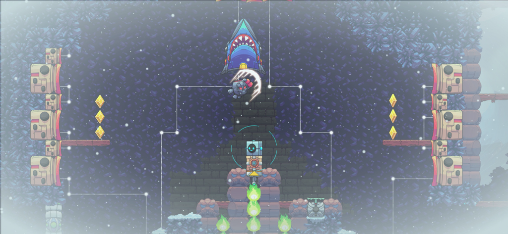 Jogabilidade de Levelhead mostrando um personagem robô lutando contra um chefe tubarão robótico em um ambiente com neve