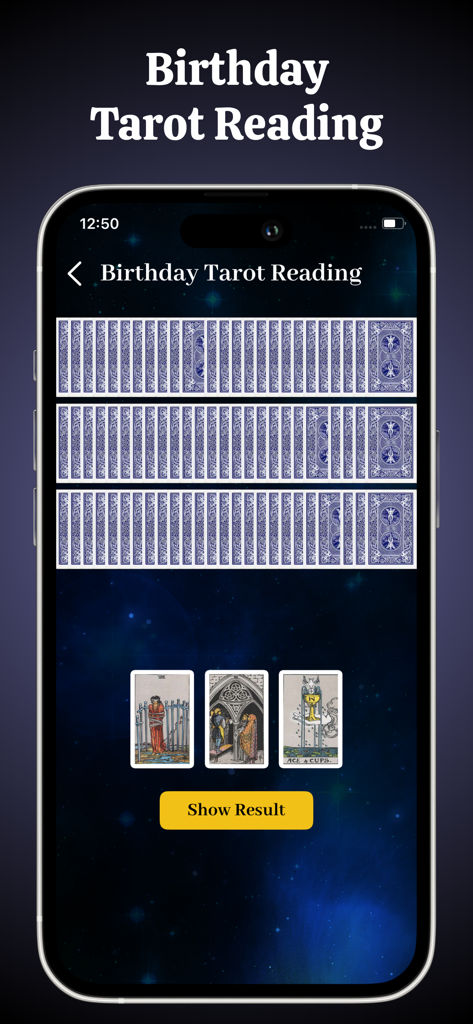Mobile screen showing the Birthday Tarot Reading feature with three selected cards and a show result button.