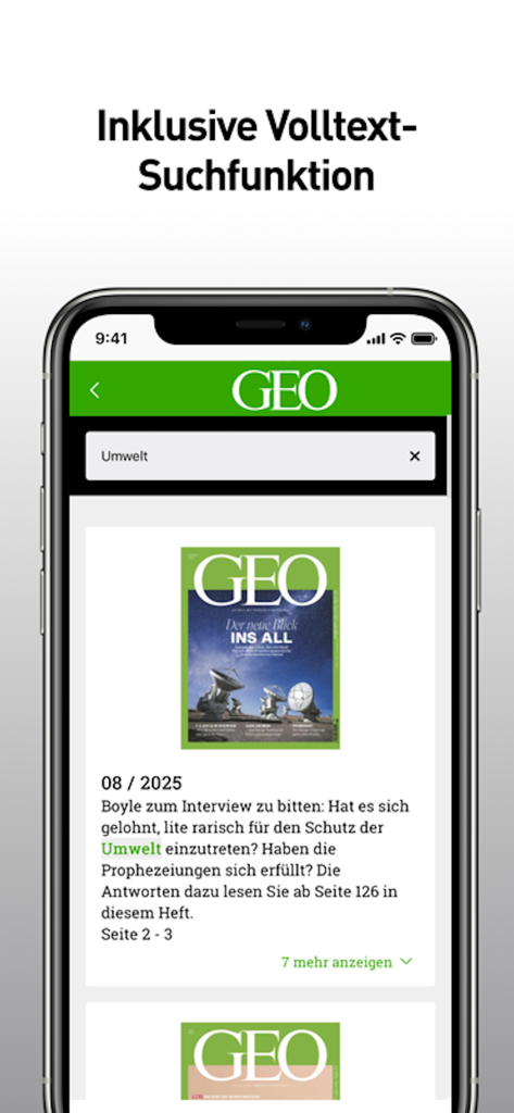 A smartphone showing the full-text search function in the GEO Digital Magazin app with a search for environment.