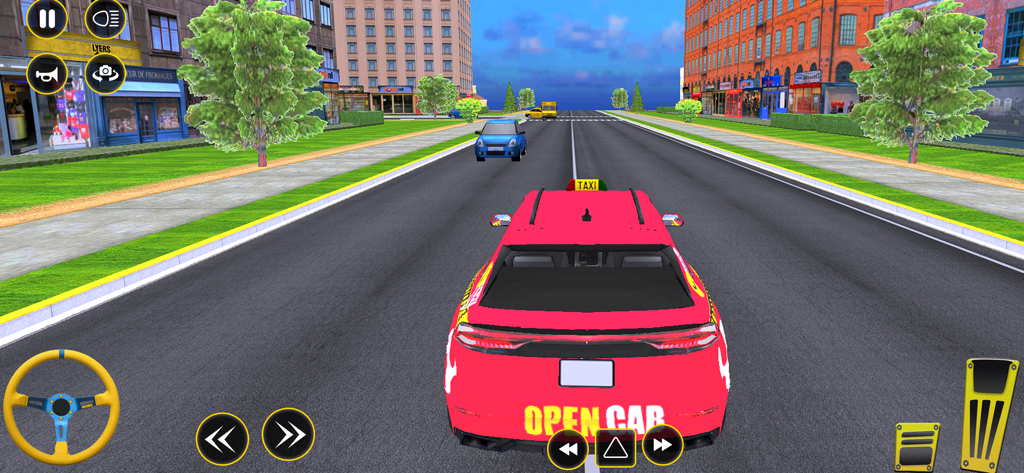 Taxi Car Simulator park Games - Un taxi rosa conduciendo por una amplia calle de la ciudad en un simulador de coche realista.