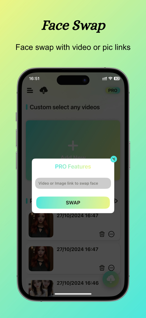 FaceMorpher - AI Swap Videos - FaceMorpher app interface displaying pro face swap features from a link