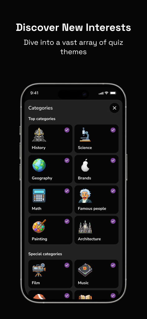 QuizFlow app screen displaying various quiz categories including History, Science, Geography, and Brands.