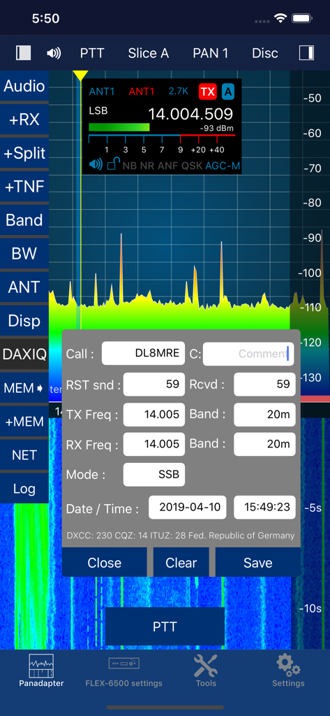 SmartSDR app interface showing radio frequency panadapter and amateur radio contact logging window.