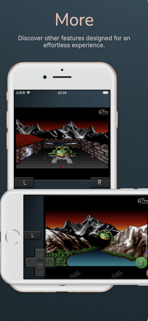 TinyEmulator - Retro arcade helicopter game shown on an iPhone in both portrait and landscape view within the TinyEmulator app
