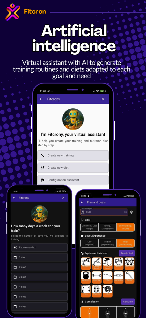 Fitcron App-Screenshots mit dem KI-virtuellen Assistenten Fitcrony, der personalisierte Trainings- und Ernährungspläne erstellt