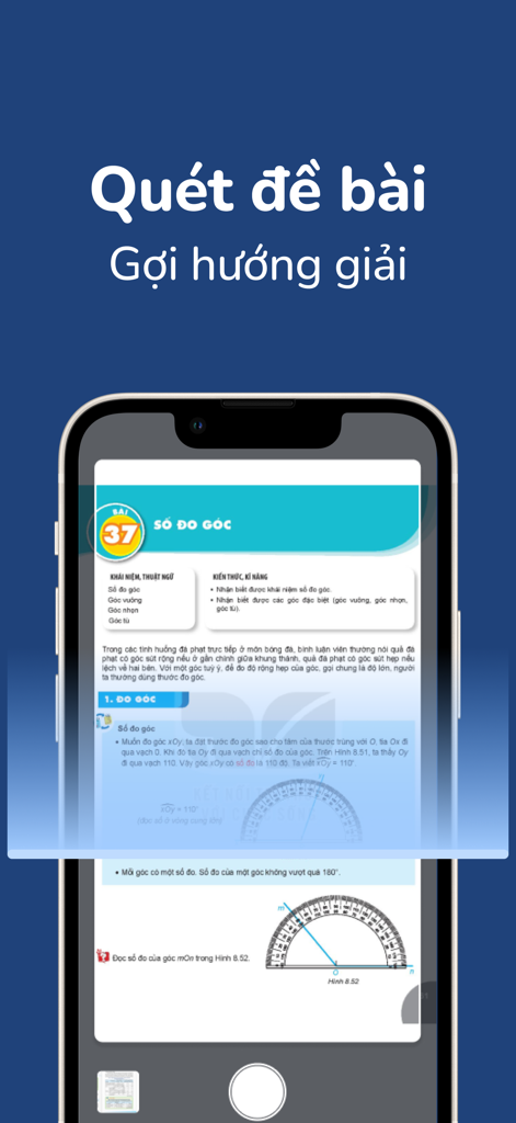 AI Tutor - AI Tutor app interface scanning a math textbook page with a protractor diagram to provide solutions