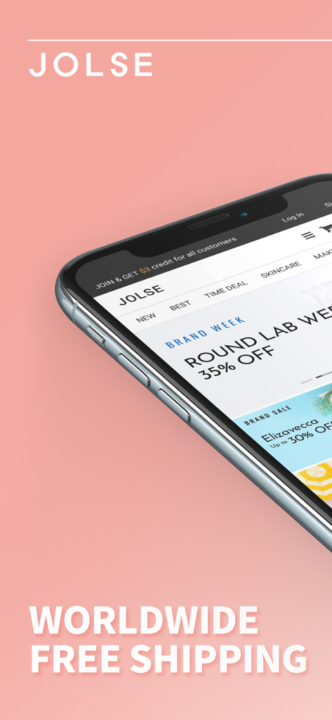 JOLSE - Écran de l'application mobile JOLSE présentant la livraison gratuite dans le monde entier et des offres sur les soins de la peau coréens
