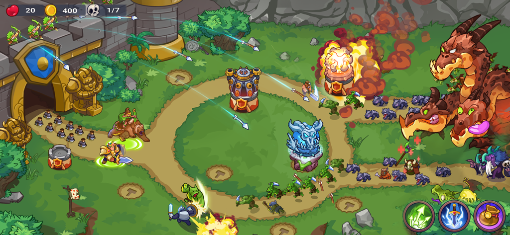 King of Defense 2: Castle TD - Tactical tower defense gameplay with heroes defending against a three headed dragon boss
