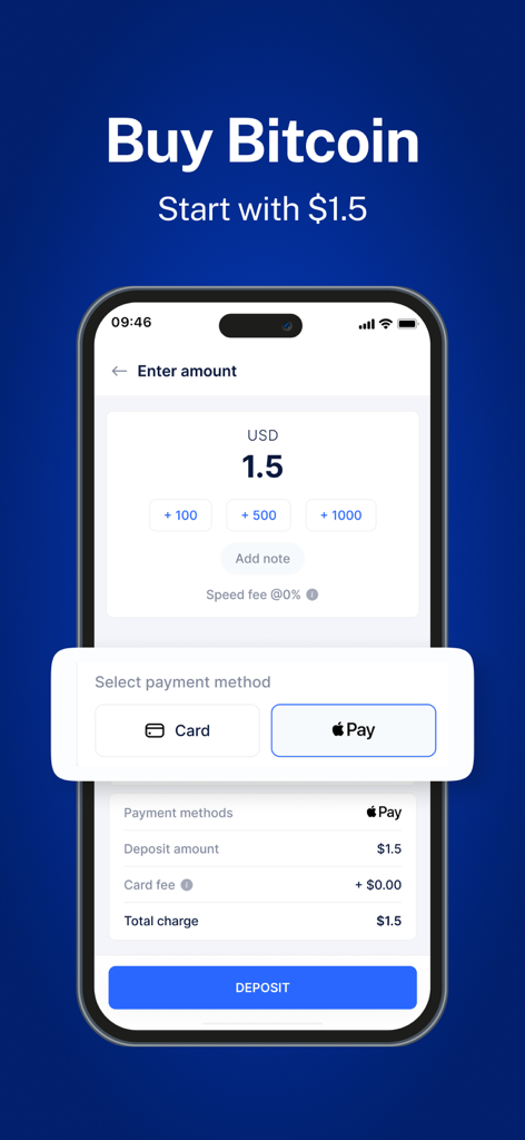 Speed Wallet: Buy Bitcoin - Mobile screen of Speed Wallet app showing how to buy Bitcoin with Apple Pay starting from 1.5 dollars.