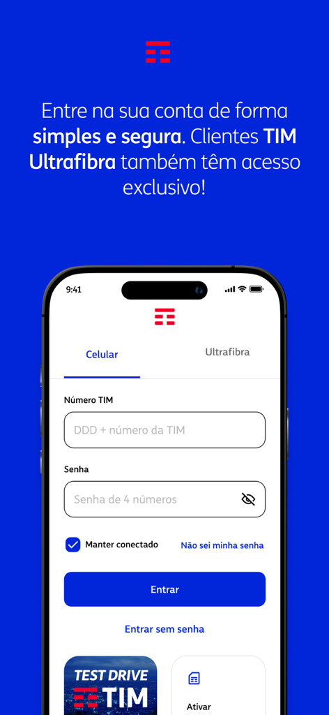 Pantalla de inicio de sesión de la app Meu TIM mostrando campos para número TIM y contraseña