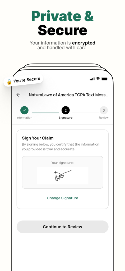 MoneyPilot: Class Action - Pantalla de la aplicación MoneyPilot que muestra el manejo de datos encriptados y un proceso seguro de firma digital para reclamaciones de demandas colectivas