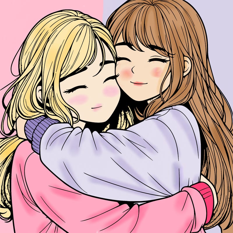 realistic two girls hugging