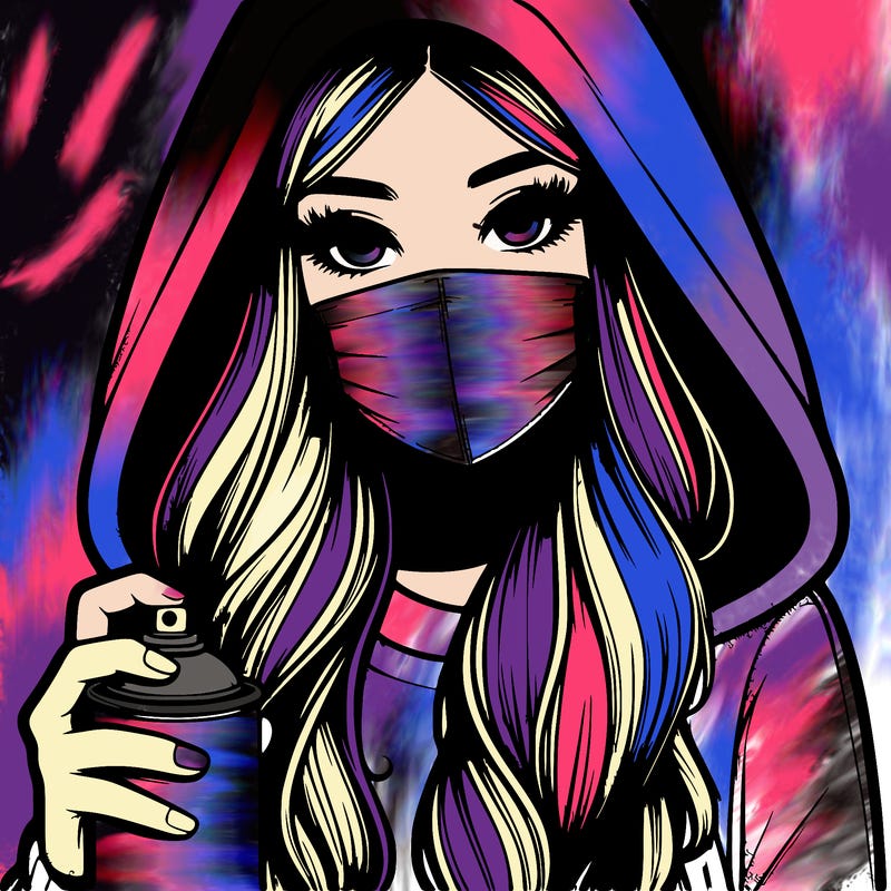 girl wearing a mask with long hair with her hood up spray-painting realistic