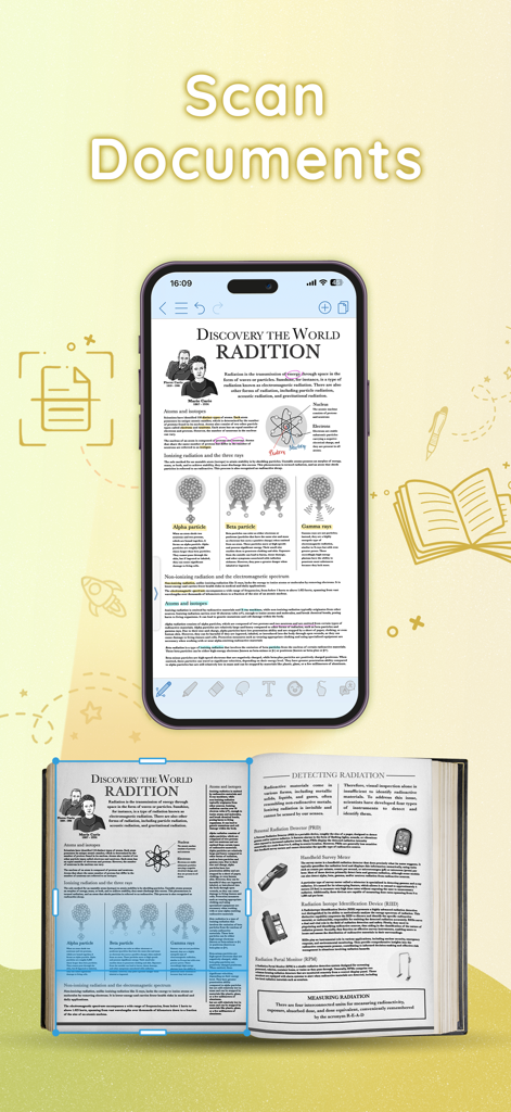 A smartphone using the CollaNote app to scan and digitize a physical textbook page about radiation.