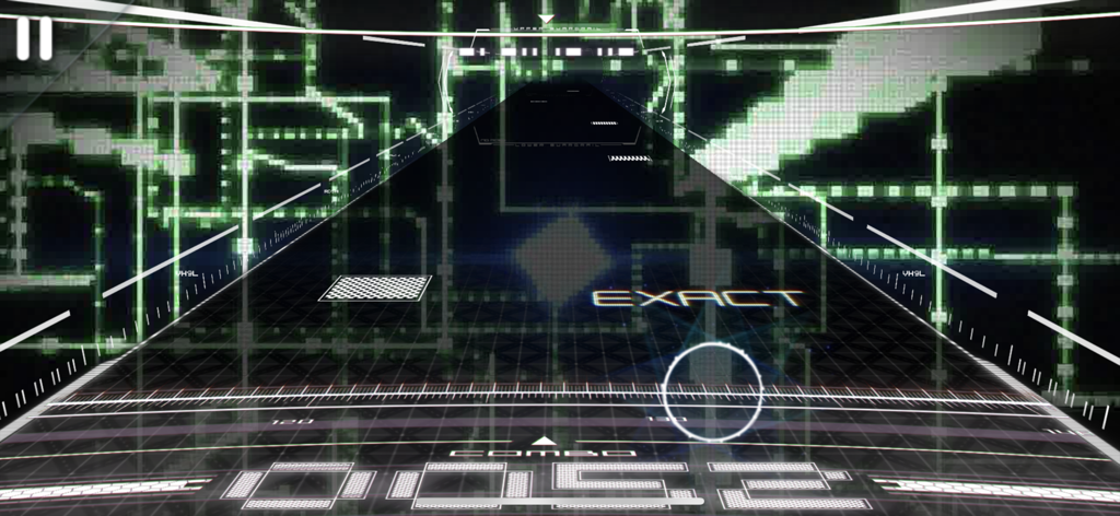 MUSYNX - 떨어지는 노트와 콤보 카운터가 있는 미래적인 녹색 디지털 인터페이스를 보여주는 MUSYNX 리듬 게임 플레이