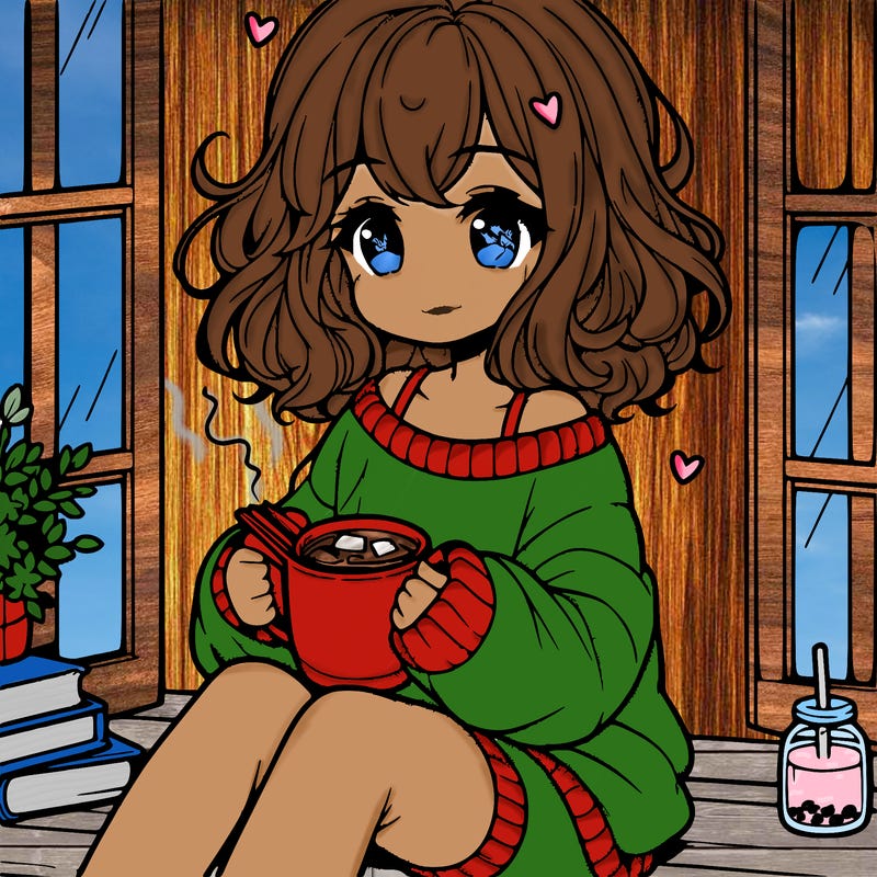 cute anime girl reading book and drinking hot chocolate from mug with loose wavy hair wearing a baggy sweatshirt and shorts sitting by windowsill looking out