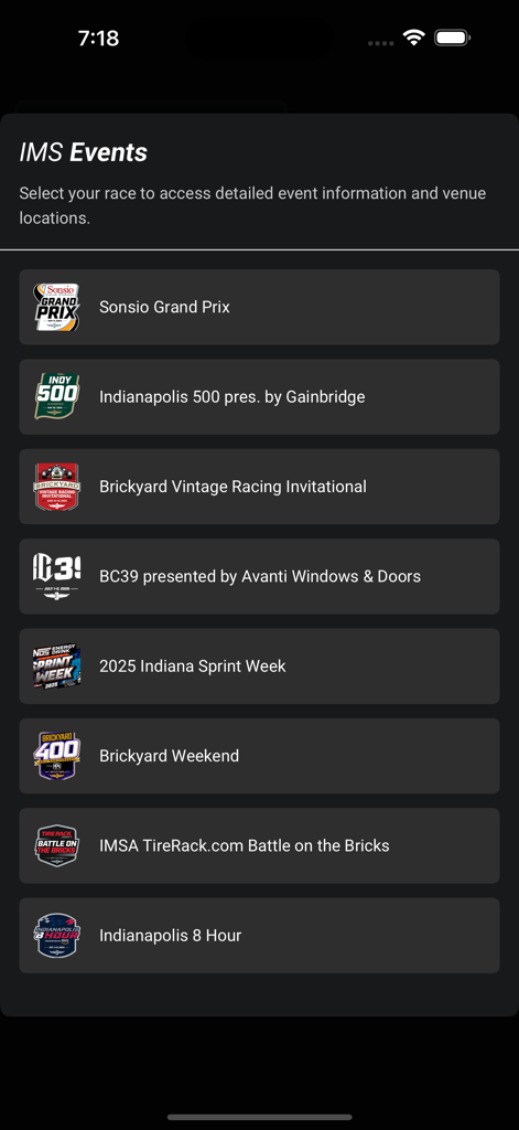 List of racing events in the IMS app including the Indianapolis 500 and Brickyard 400