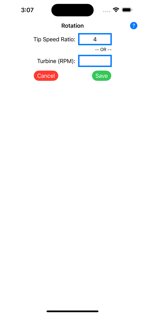 Wind Turbine Calculator - Rotation input screen in the Wind Turbine Calculator app showing fields for Tip Speed Ratio and Turbine RPM.