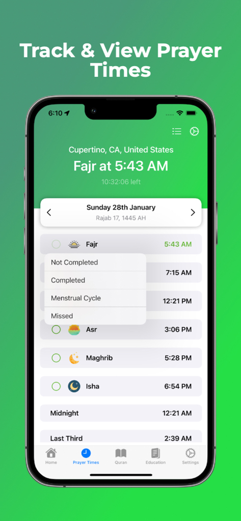 House of Islam - Interface of the House of Islam app showing a list of daily prayer times and a status tracking menu on an iPhone.