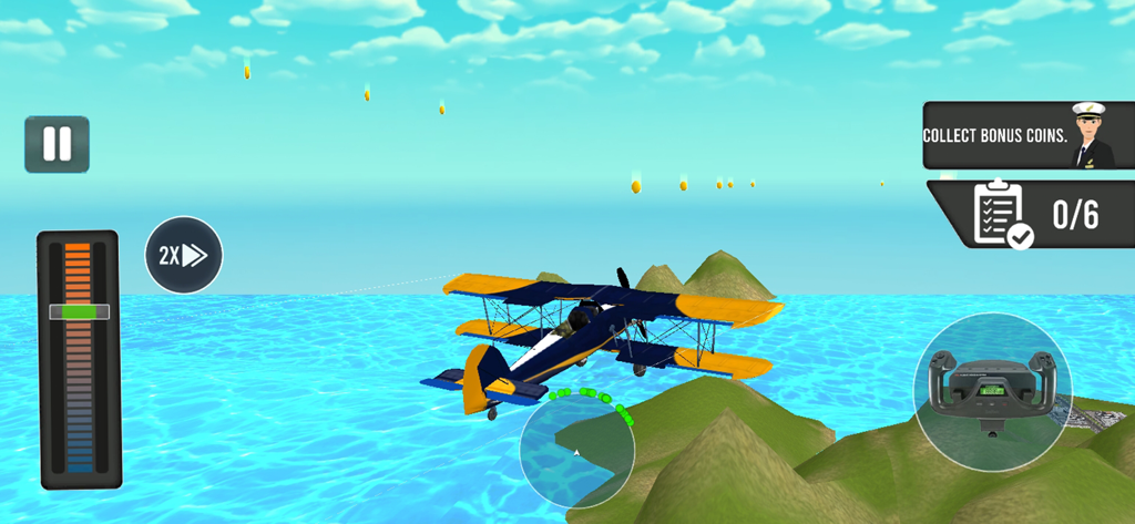 Un biplano amarillo y azul volando sobre el océano en una misión de juego de simulador de vuelo para recoger monedas.