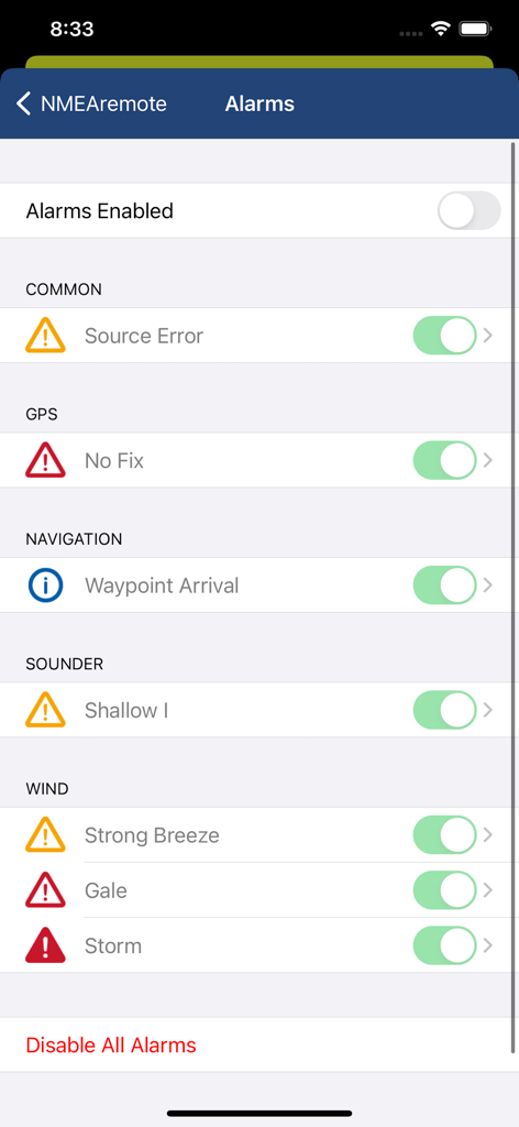 NMEAremote LITE - NMEAremote LITE alarm settings screen showing maritime safety alerts for GPS wind and navigation