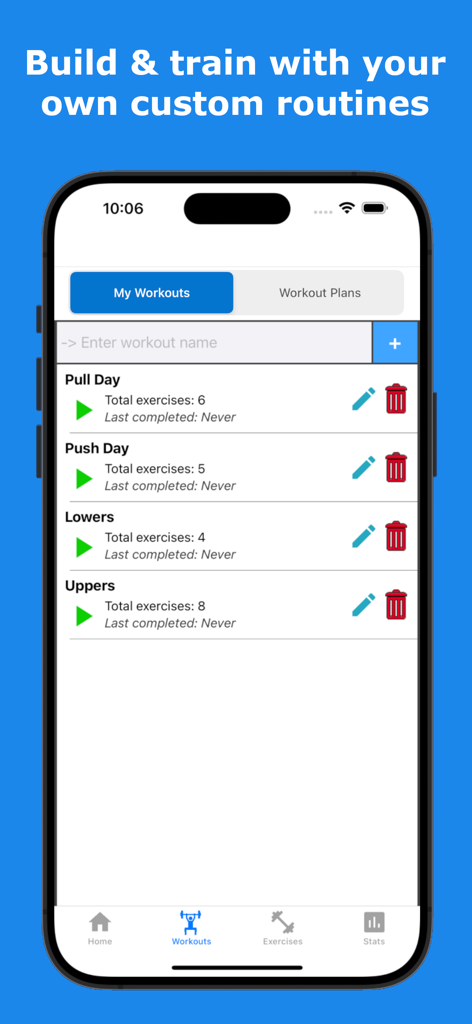 Gains - Gym Workout Plan & Log - Interfaz de la aplicación Gains que muestra una lista de rutinas de gimnasio personalizadas que incluyen Día de Tracción y Día de Empuje.