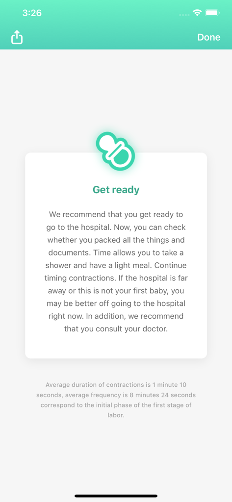 Contraction Timer app interface showing a recommendation to get ready for the hospital with labor progress data