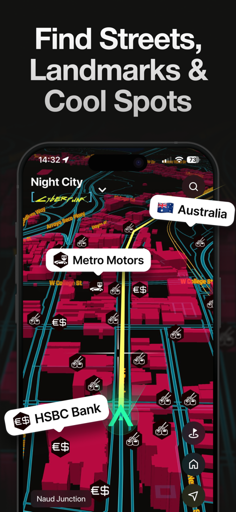 Game Maps IRL - Captura de pantalla del iPhone de la aplicación Mapas de Juego IRL con un mapa de navegación de estilo Ciberpunk neón con iconos de puntos de referencia y etiquetas de calles personalizados.