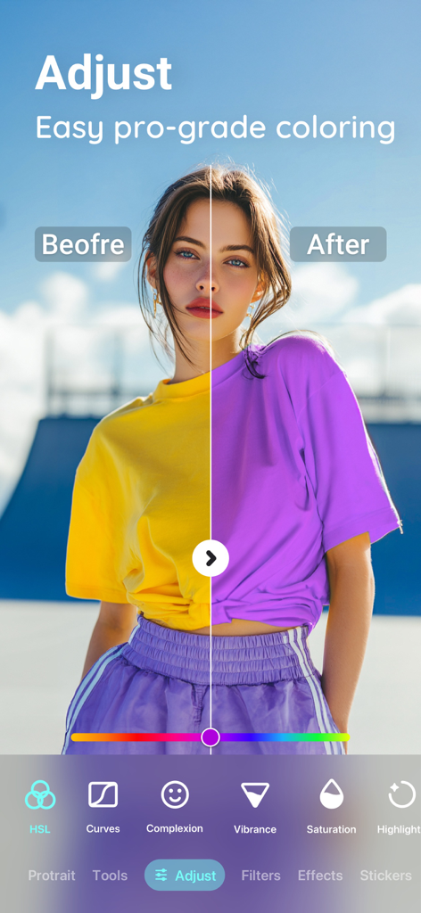 A before and after comparison of shirt color changing from yellow to purple using the Peachy app color adjustment tool
