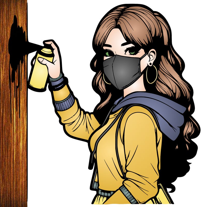 realistic girl with mask spray painting a wall