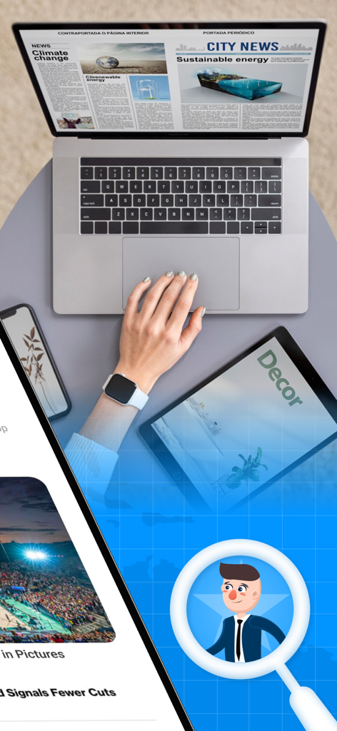 AI Translator for Web Pages - KI-Übersetzer für Webseiten App auf einem Laptop, Tablet und Smartphone gezeigt, mit einer Lupe, die auf ein Zeichen-Symbol fokussiert.