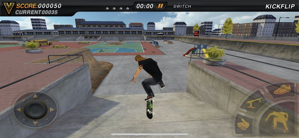 Skateboard Party - A skater performing a kickflip trick in an urban skatepark in the Skateboard Party game.